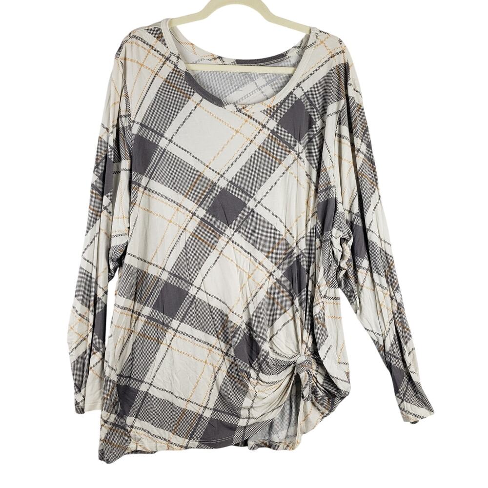 Maurices Women's 4X Long Sleeve Gathered Bottom Shirt Cream‎ Brown Plaid Casual
